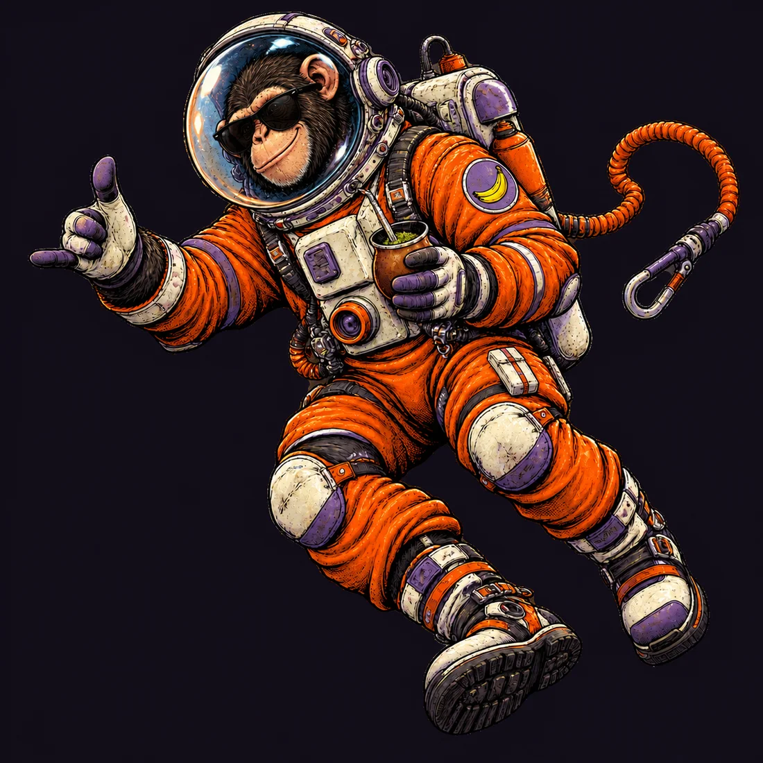 El mono de Space Monkeys: gafas negras, traje espacial naranja y un mate en la mano.